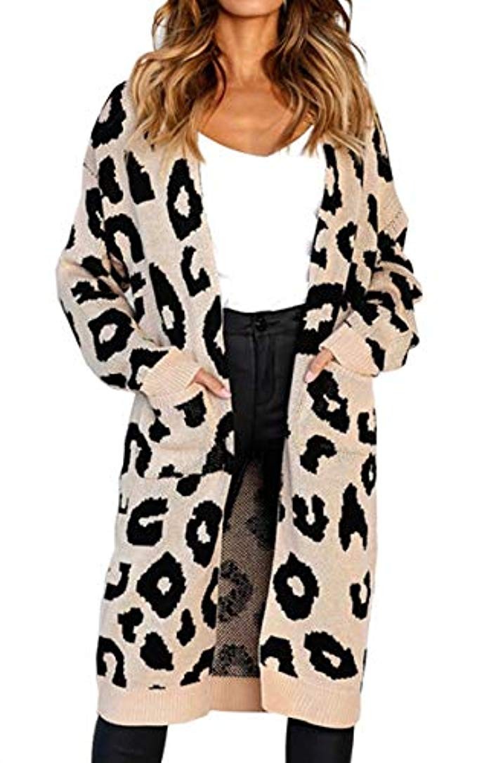 Angashion Women's Long Sleeves Leopard Print Knitting Cardigan Open Front Warm Sweater Outwear Coats | Amazon (US)