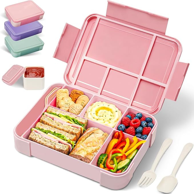 BIBURY Lunch Box Kids Adults, Leakproof Bento Box Lunchbox with 5 Compartments & Sauce Pot & Cutl... | Amazon (UK)