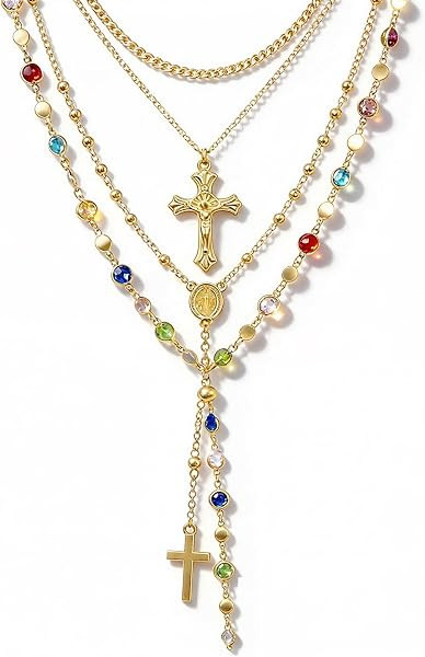 4PCS Layered Gold Cross Necklaces for Women Trendy, Bohemian Bead Pearl Y Long Pendant Necklace S... | Amazon (US)