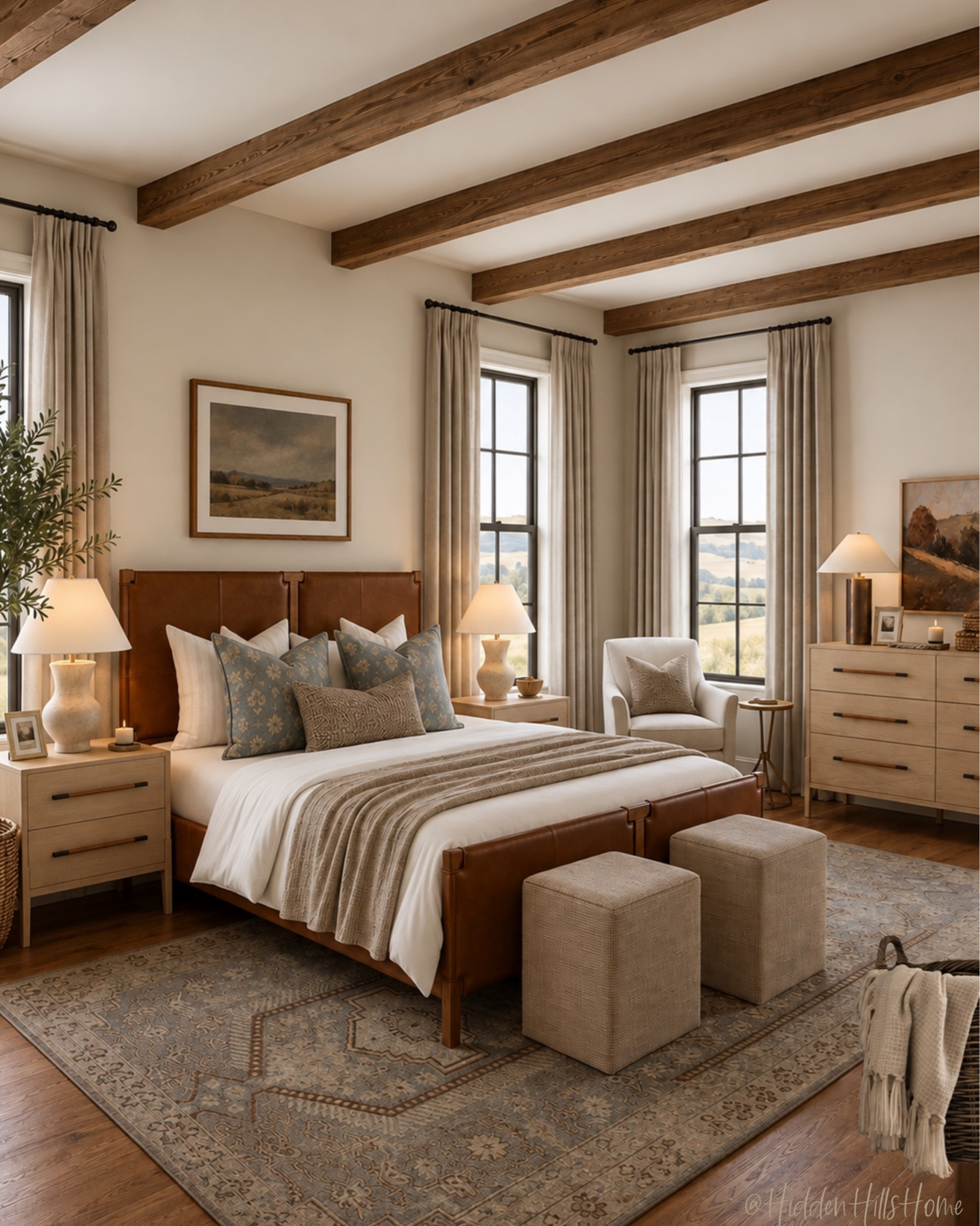 🤎 This stunning bedroom features a leather and wood bed paired with statement nightstands to create a welcoming, cozy retreat! I love the warm brown tones paired with subtle pops of light blue!

#masterbedroomdecor
