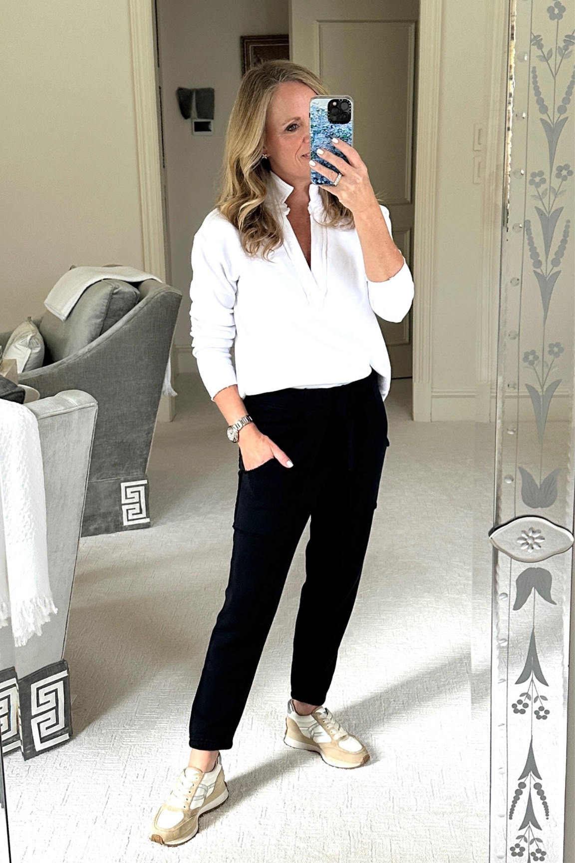 Perfect cozy casual style from Frank and Eileen 
Patrick popover top in white French Terry fleece with shirt collar  details
Best navy joggers
Both fit tts
Veronica beard Valentina sneakers most comfortable sneaker ever 
 

#LTKSeasonal #LTKStyleTip #LTKOver40