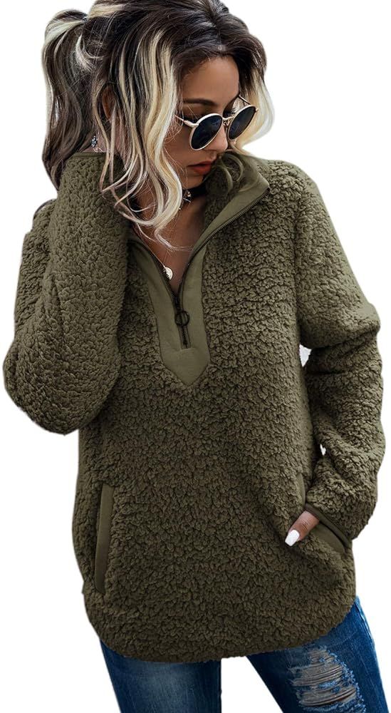 AQOTHES Womens Loose Casual Zipper Sherpa Fleece Pockets Pullover Sweatshirt Outwear | Amazon (US)