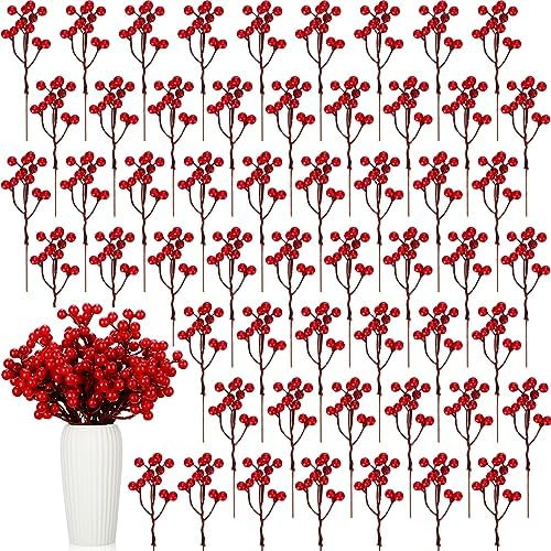 Lyrow 50 Pcs Christmas Artificial Red Berries Stems Holly 7.1 Inch Faux Berry Branches Fake Berry... | Amazon (US)