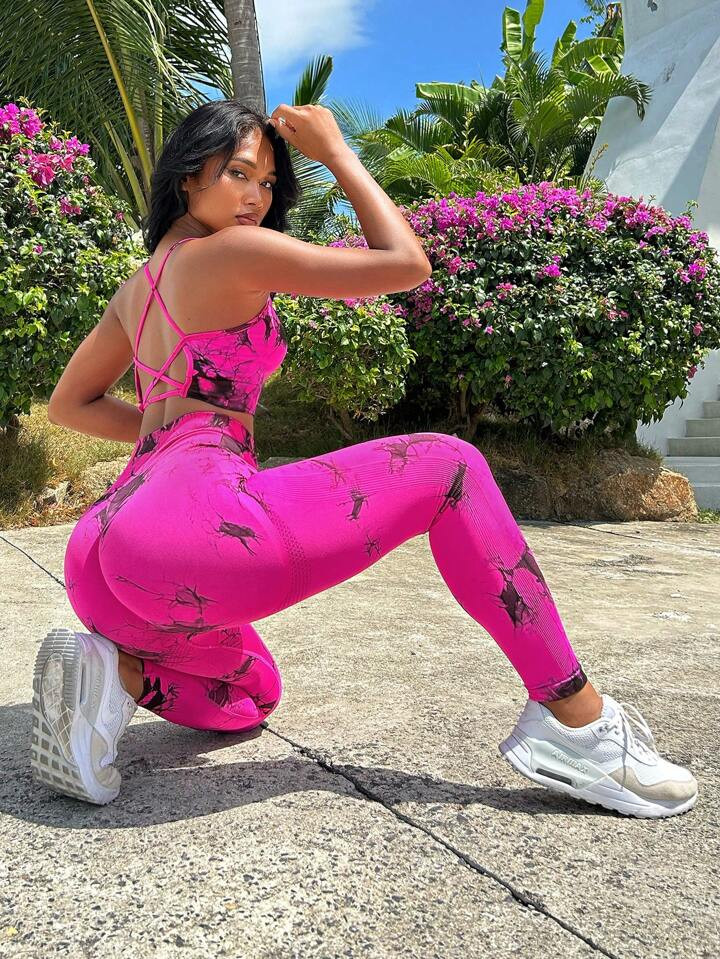 Yoga Trendy Tie Dye Crisscross Back Sports Set | SHEIN