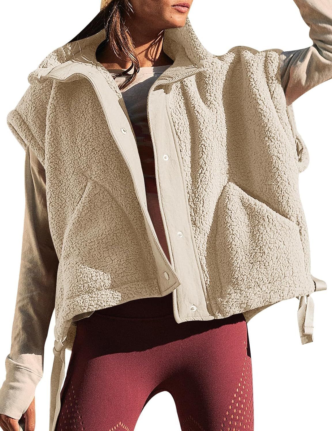 Xiaoxuemeng Fleece Vest Women Oversized Sleeveless Sherpa Jacket Button Down Vest Outwear with Po... | Amazon (US)