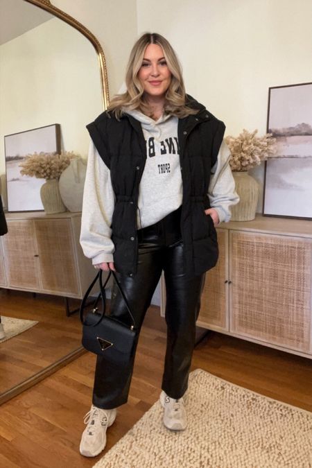 Abercrombie vegan leather pants 25% off + an extra 15% off with code DENIMAF // I size up 1 size for comfort. Wearing a 30L (I’m 5’6” and prefer the “long” in the Ankle length). S/M in vest, L in sweatshirt. faux leather pants, Abercrombie outfit, casual outfit, winter outfit, faux leather pants outfit, Abercrombie leather pants, anine bing sweatshirt, oversized vest

#LTKsalealert #LTKunder100 #LTKstyletip