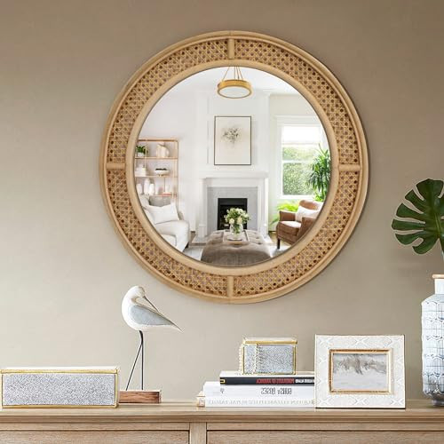 Round Rattan Wall Mirror with Wooden Framed, Modern Boho Decorative Mirror for Bathroom, Entry, Living Room, Bedroom, 24 Inch | Amazon (US)