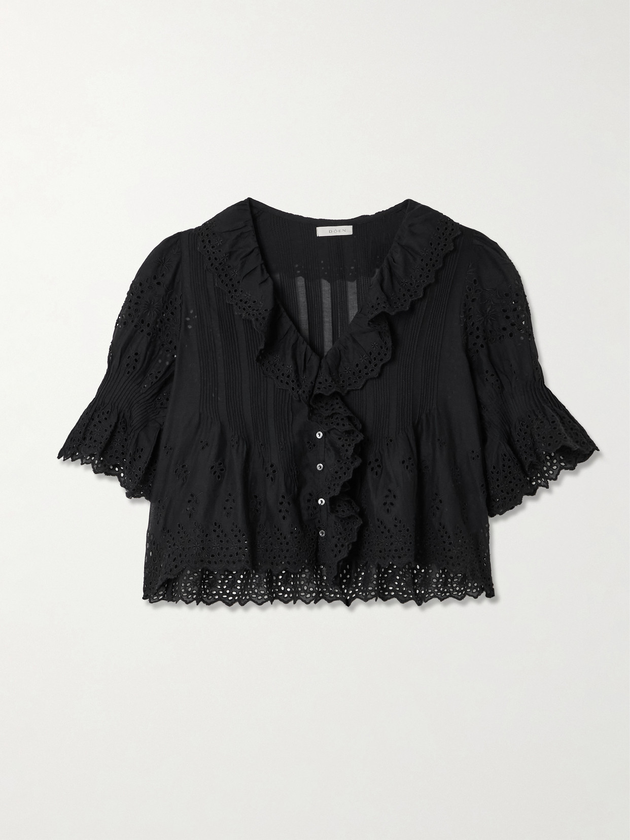 DÔEN - Henri Cropped Ruffled Pintucked Broderie Anglaise Cotton Top - Black | NET-A-PORTER (US)