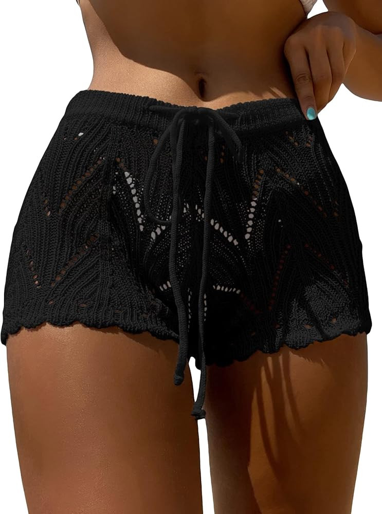 Jumppmile Womens Crochet Cover Up Shorts Hollow Out High Waist Knit Bathing Suit Bikini Swimsuit | Amazon (US)