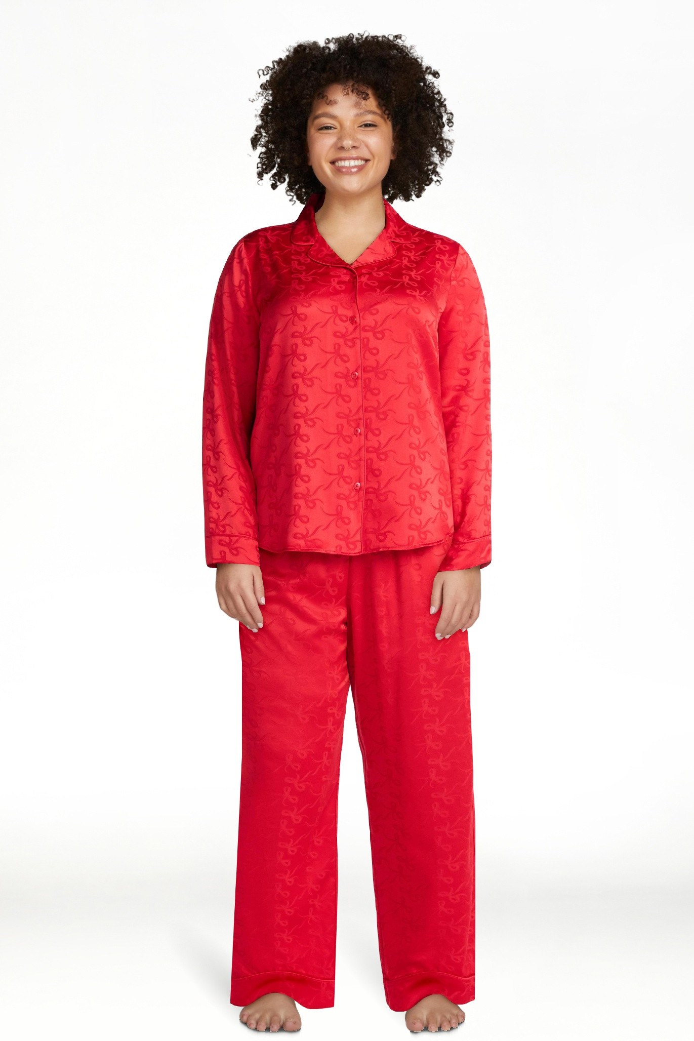 Joyspun Women’s Stretch Satin Notch Long Sleeve Top and Pants Pajama Set, 2-Piece, Sizes XS-3X | Walmart (US)