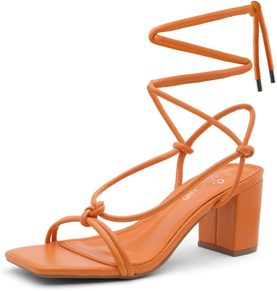 Shoe Land SL-Sweets Women's Lace Up Low Chunky heeled sandals Square Open Toe Strappy Straps Ankl... | Amazon (US)