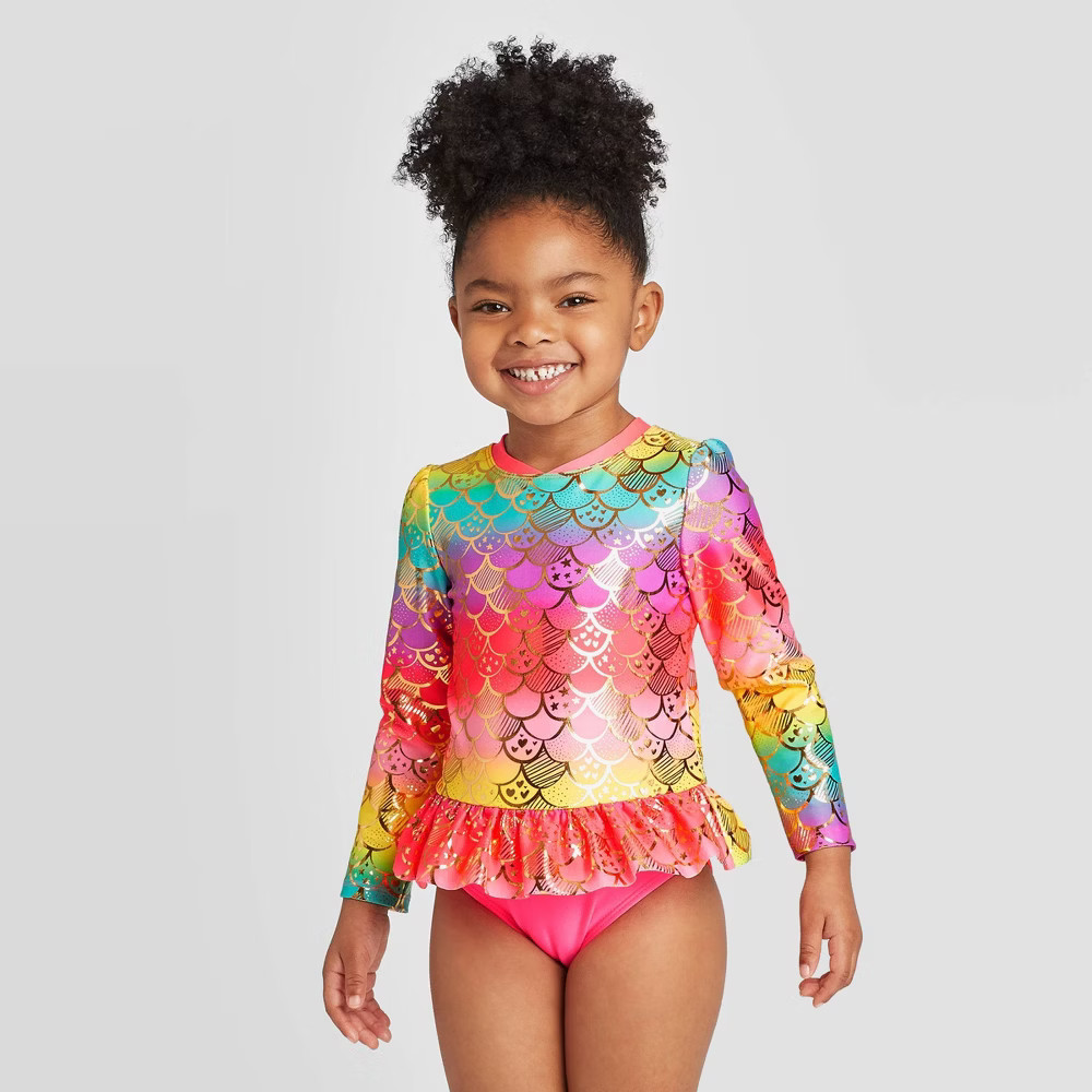 Toddler Girls' Mermaid Scales Zip-Up Long Sleeve One Piece Rash Guard Swimsuit - Cat & Jack™ | Target
