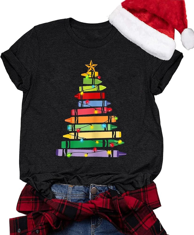 Christmas Shirts for Women Christmas Teacher Tshirts Crayon Tree Graphic Tees Cute Christmas Ligh... | Amazon (US)
