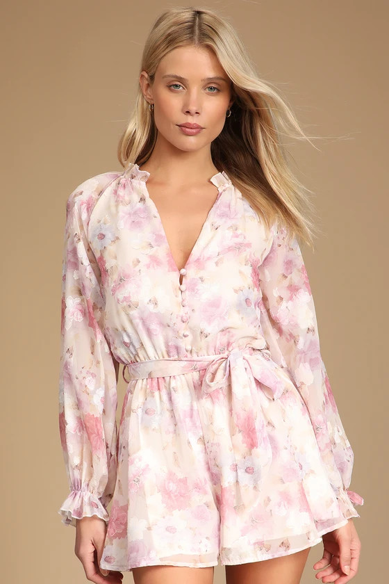 Bring the Sweetness Blush Floral Print Long Sleeve Romper | Lulus (US)