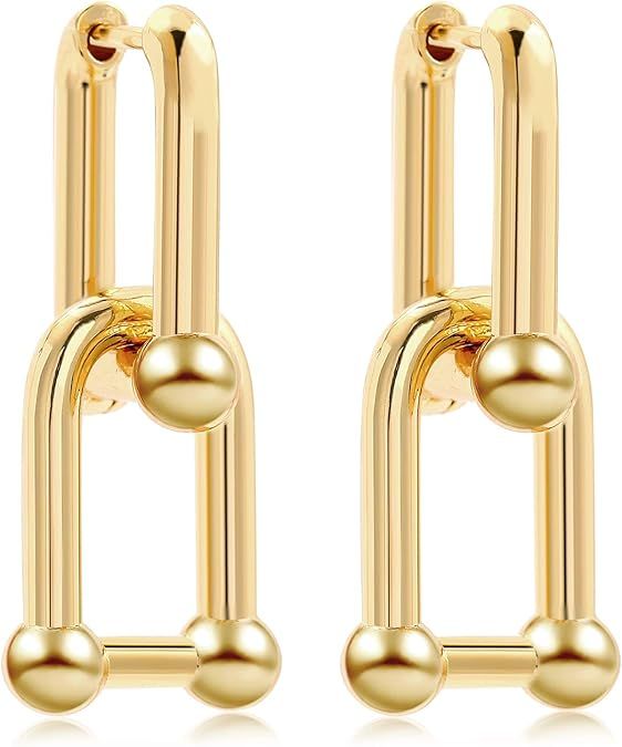 SLOONG 3 Pairs 14k Gold Plated Ball U Shape Pin Y2K Style Chunky Earring Link Chain Chunky Circle... | Amazon (US)