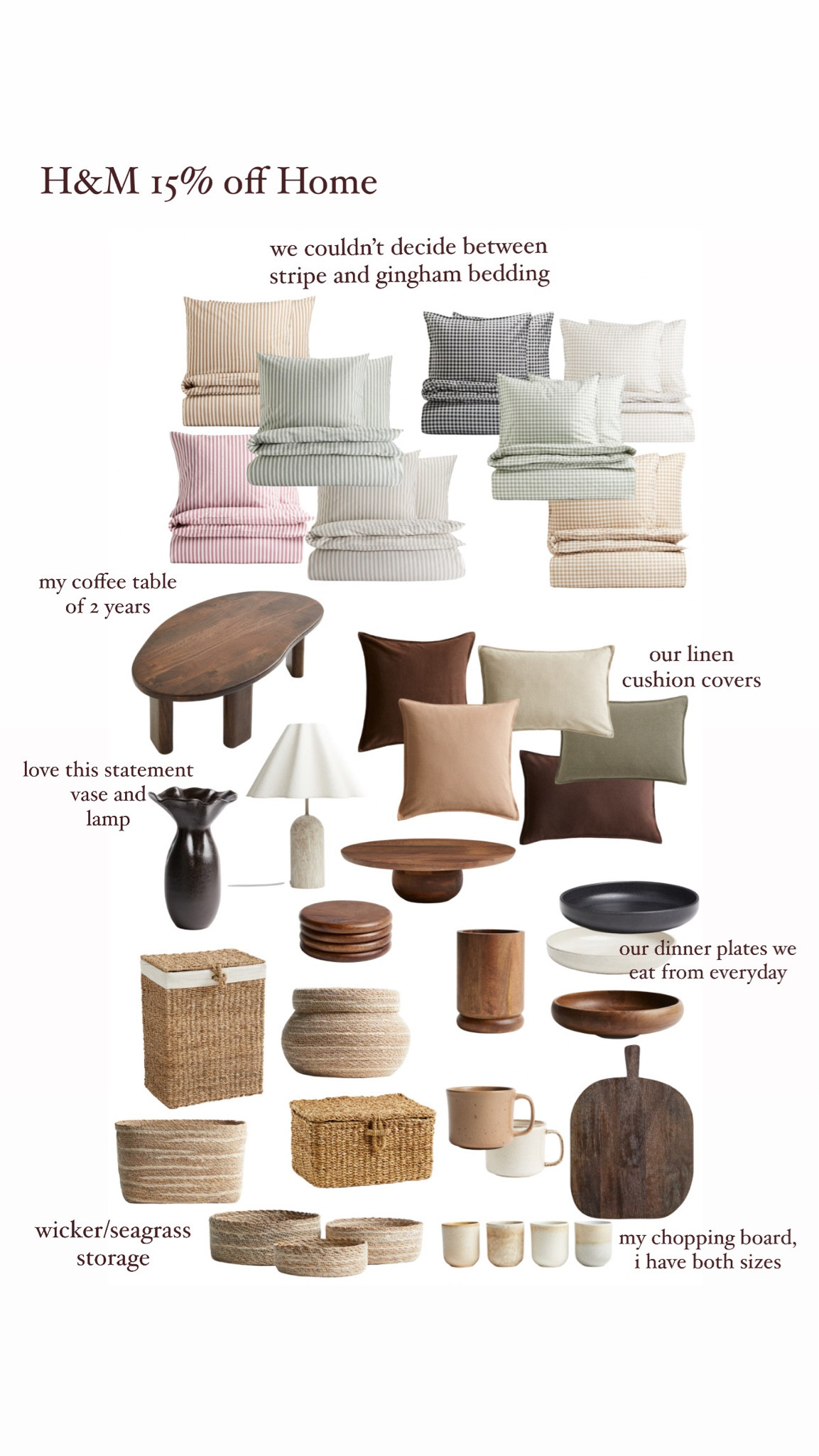 h&m home, mango wood, coffee table, linen cushion cover, 15% off sale, gingham cotton bedding, stripe cotton bedding, wicker seagrass storage baskets, stoneware lamp 