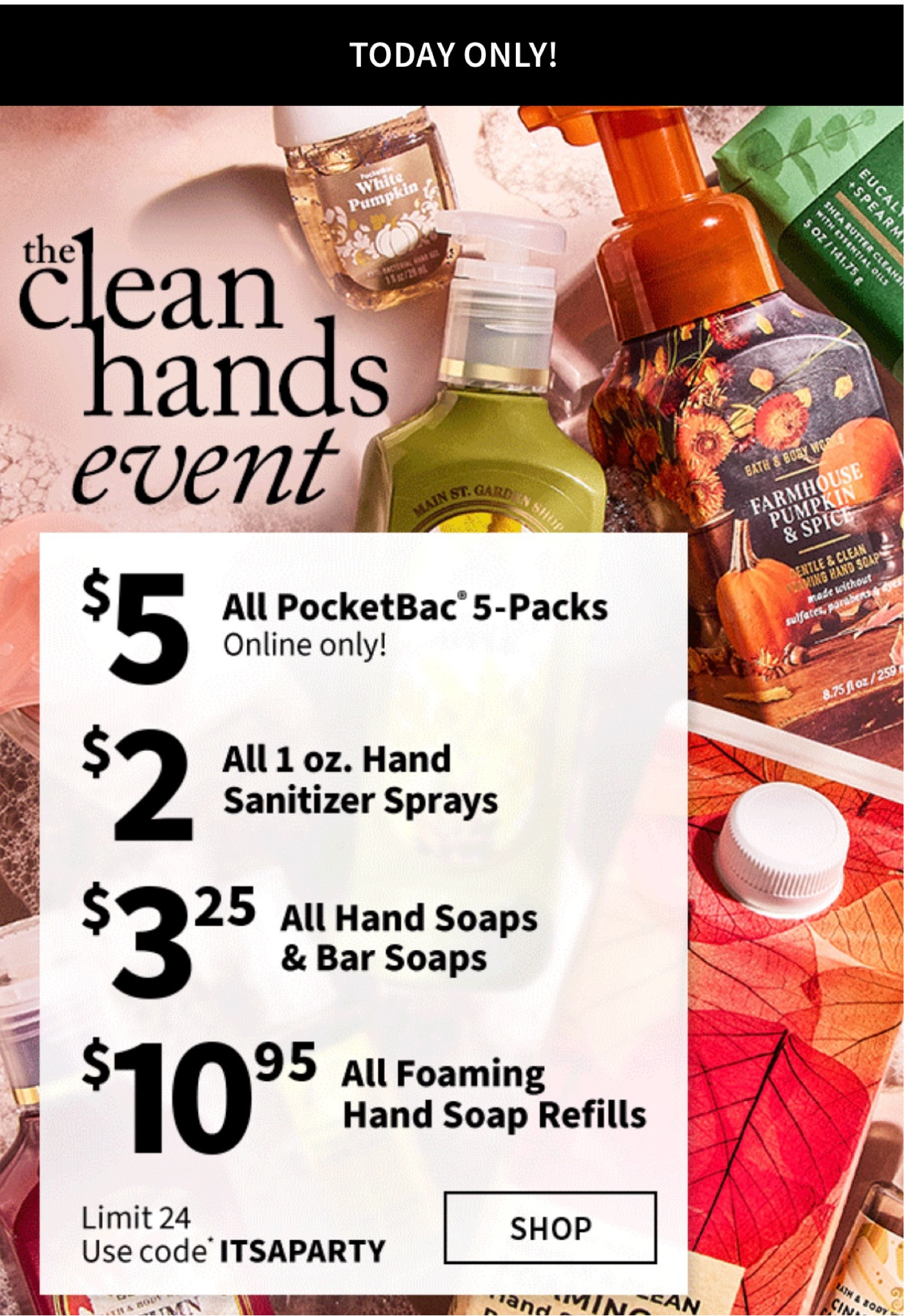 Bath and body works clean hands event
TODAY ONLY
$3 hand soaps
Hand sanitizer 

School germs

I love to gift these with gift cards
Teacher gists
Stocking stuffers
Hostess gift


#LTKKids #LTKHome #LTKFallSale