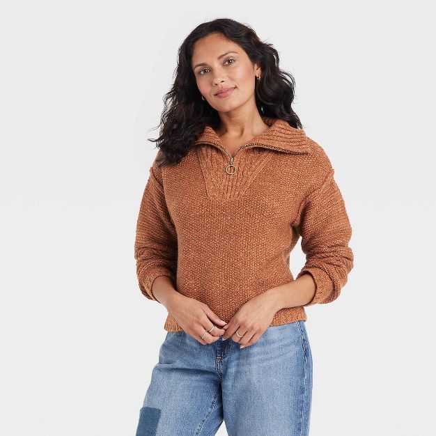 Women&#39;s Mock Turtleneck Quarter Zip Pullover Sweater - Universal Thread&#8482; Rust XL | Target