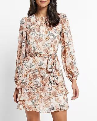 Floral Long Sleeve Tie Waist Tiered Ruffle Mini Dress | Express