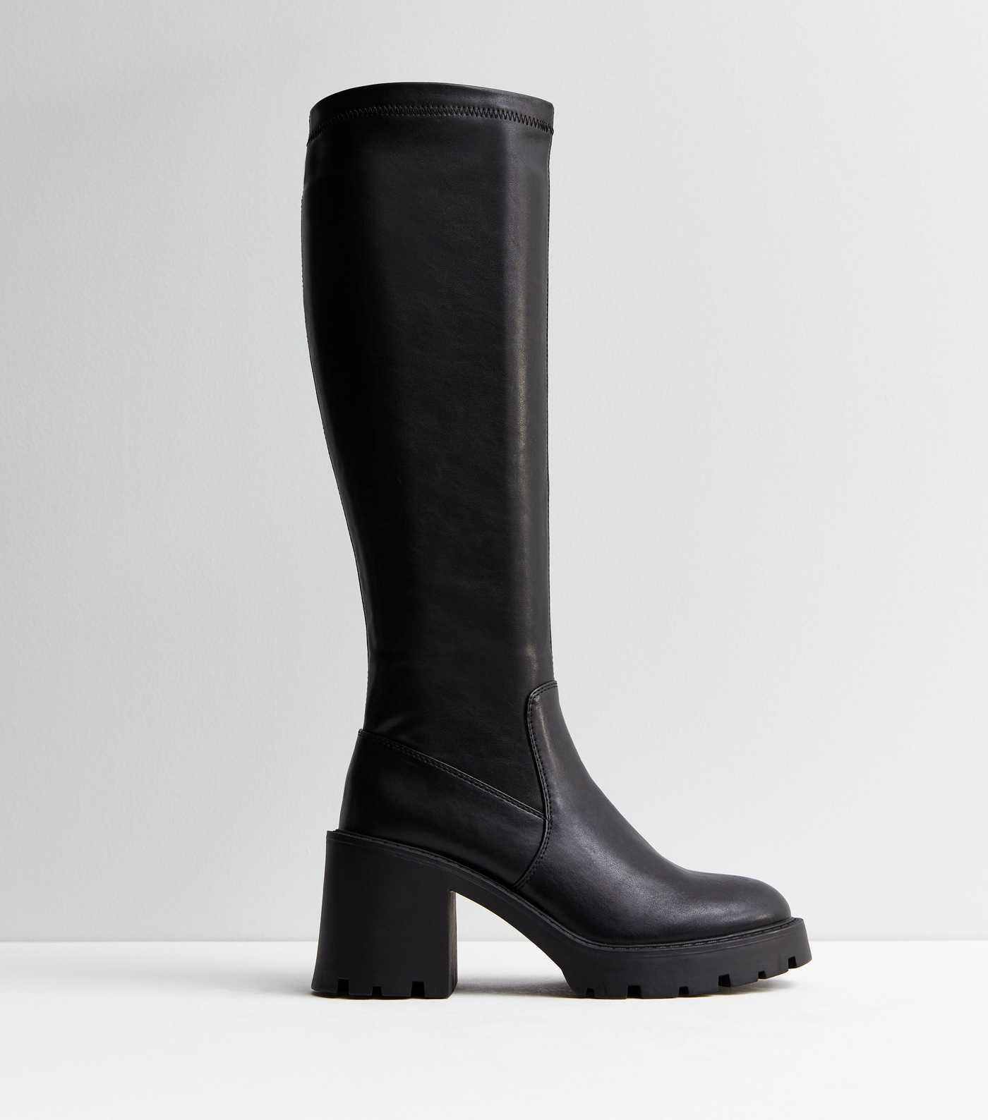 Black Leather-Look Stretch Block Heel Knee High Boots | New Look | New Look (UK)