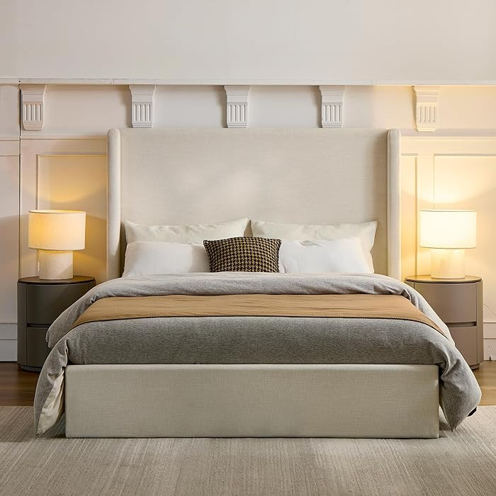Queen Size Upholstered Platform Bed Frame, 54" High Headboard Carmen Wingback Bed, Fully Upholste... | Amazon (US)
