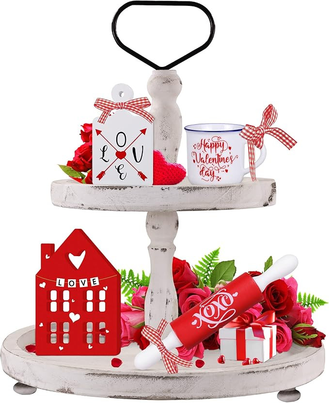 4 Pieces Valentine Tiered Tray Decor, Valentine’s Day Mini Wood Signs Decorations with Small Mu... | Amazon (US)