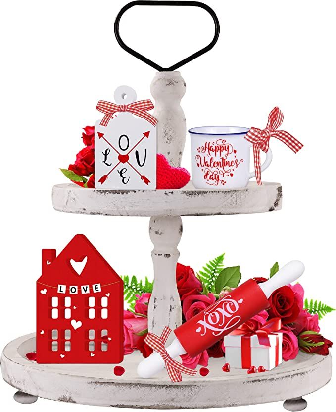 4 Pieces Valentine Tiered Tray Decor, Valentine’s Day Mini Wood Signs Decorations with Small Mu... | Amazon (US)