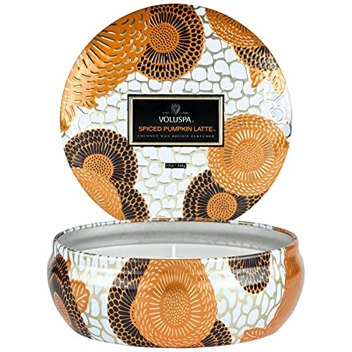Voluspa Spiced Pumpkin Latte, 3 Wick Tin Candle, 12 Ounce, 40 Hour Burn Time, All Natural Wicks a... | Amazon (US)