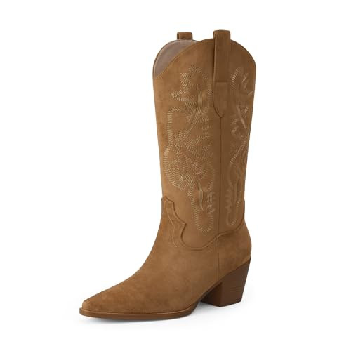 iiimmu Cowgirl Boots Women Calf High Boots Pointed Toe and Block Heel Cowboy Suede Boots with Embroidered, Light Brown 9.5 | Amazon (US)