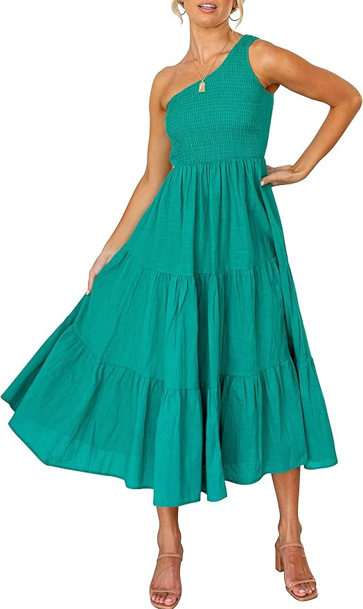 LOGENE Women's One Shoulder Sleeveless Casual Summer Dresses Smocked High Waist Boho Pleated Swin... | Amazon (US)