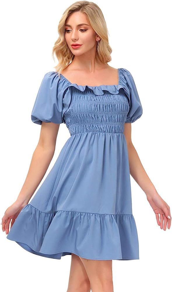 LIUMILAC Womens Smocked Dress Square Neck Ruffle Lantern Sleeve Aline Mini Dress | Amazon (US)