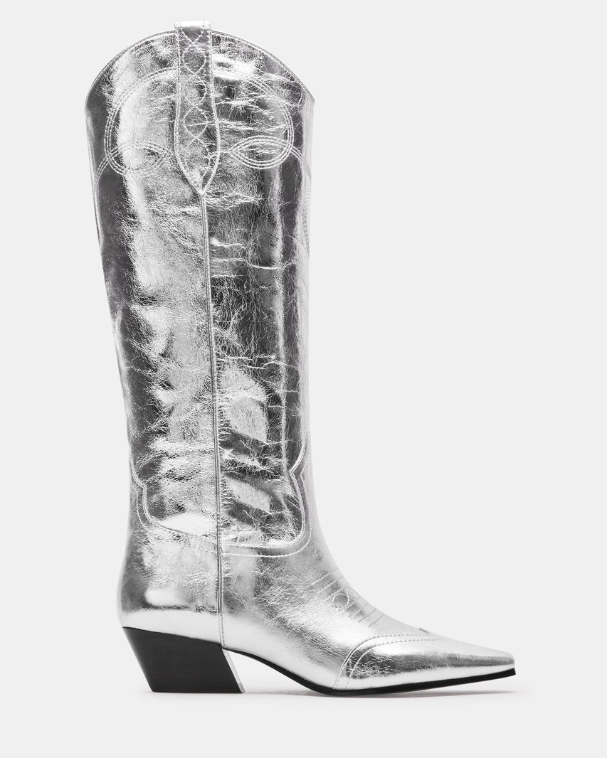 DOLLIE Silver Leather Western Boot | Women's Boots | Steve Madden (US)