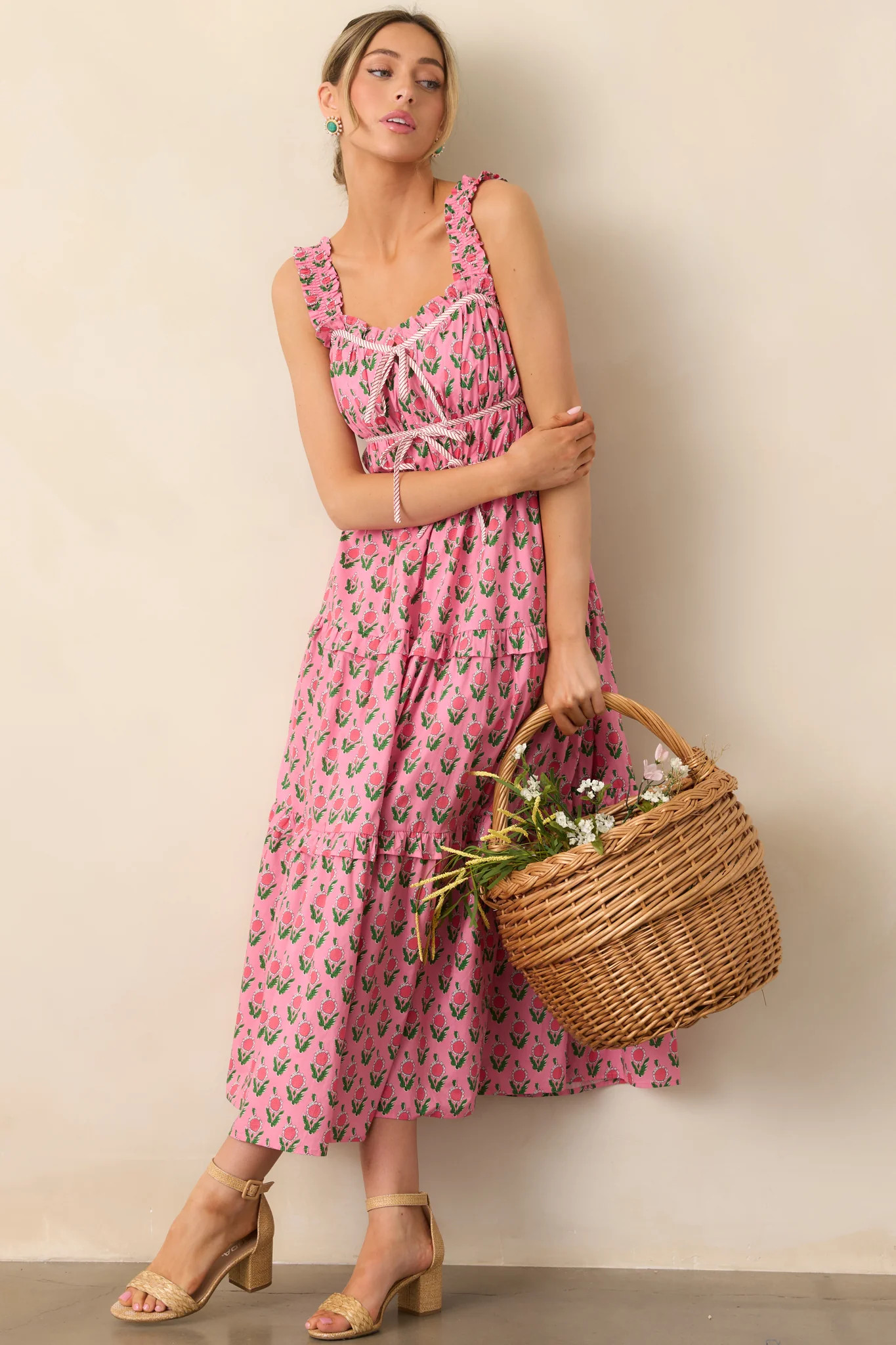 Tour Of The City Cotton Pink Floral Midi Dress | Red Dress