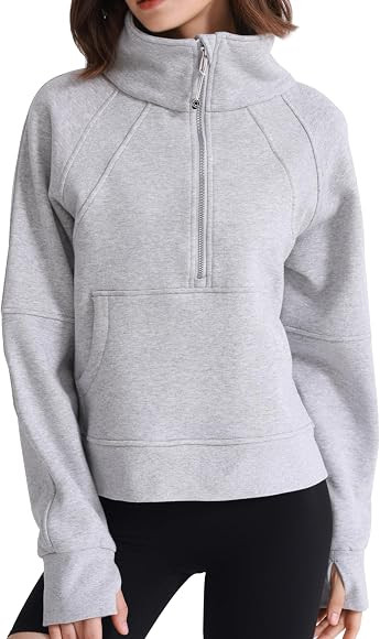 Womens Fleece Lined Half Zip Pullover Cotton Winter Warm Scuba Sweatshirt for Women with Thumbhol... | Amazon (US)