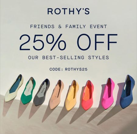 Rothy’s on sale for 25%!!  These comfortable flats are amazing for teachers and they are machine washable!  

All colors are available for 25% off for both the round and point toe styles.  Just use code ROTHYS25

#LTKshoecrush #LTKFind #LTKsalealert