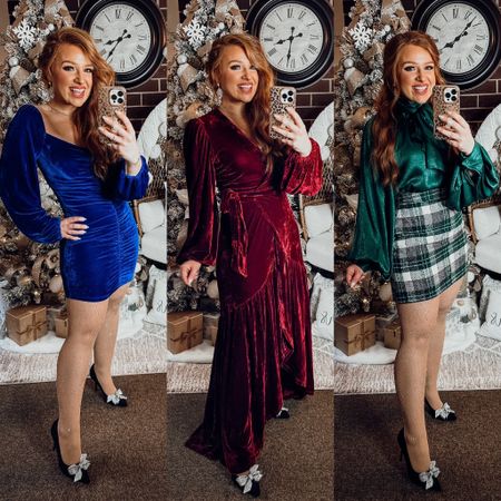 Holiday outfit ideas from red dress boutique ! 

Blue velvet shirt bodycon dress - medium 
Long berry red velvet wrap dress - small 
Green bow tie blouse - small
Green plaid tweed skirt - medium 
Bow tie black pumps - 7

All great Christmas party outfits 

#LTKSeasonal #LTKHoliday #LTKstyletip