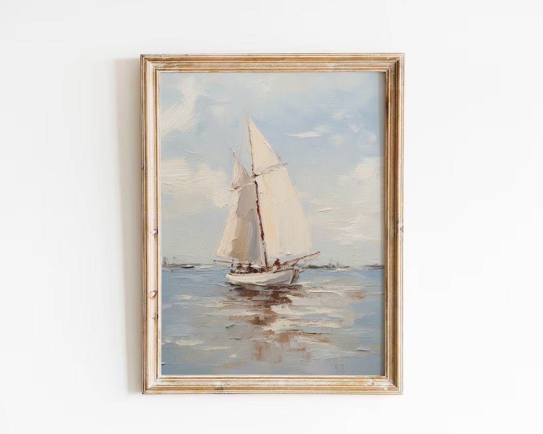 Muted Sailboat Print Vintage Nautical Painting Oil Painting Sign Neutral Seascape Print PRINTABLE... | Etsy (US)