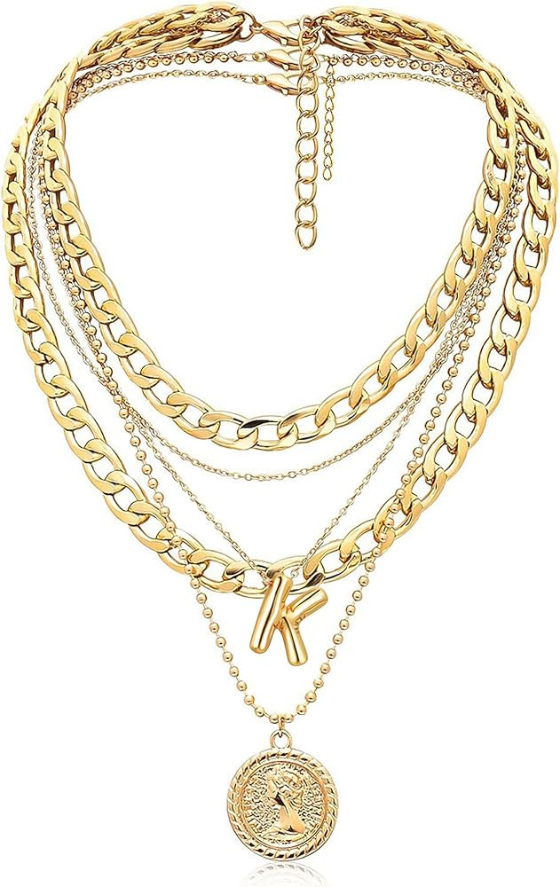 MJartoria Layered Necklaces for Women Trendy Balloon Initial Coin Pendant Necklace Dainty Chunky ... | Amazon (US)