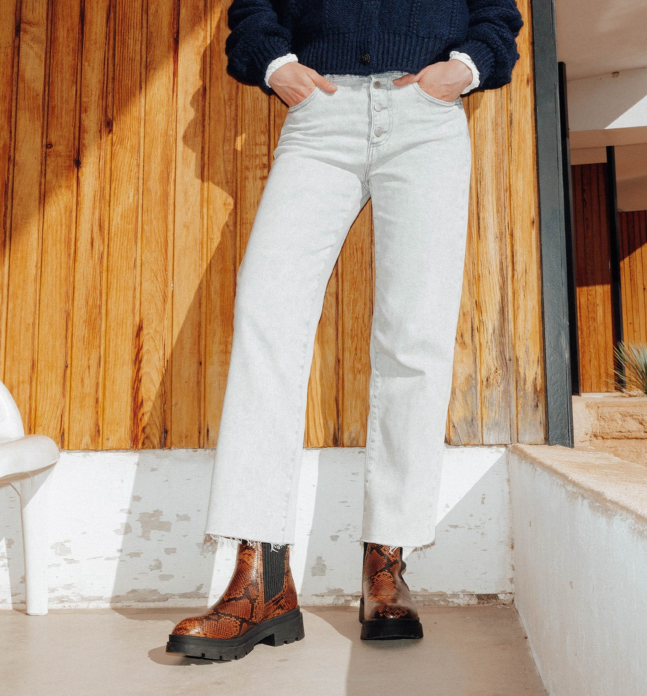 Jean droit à boutons Femme - Jeans gris | Promod (FR)