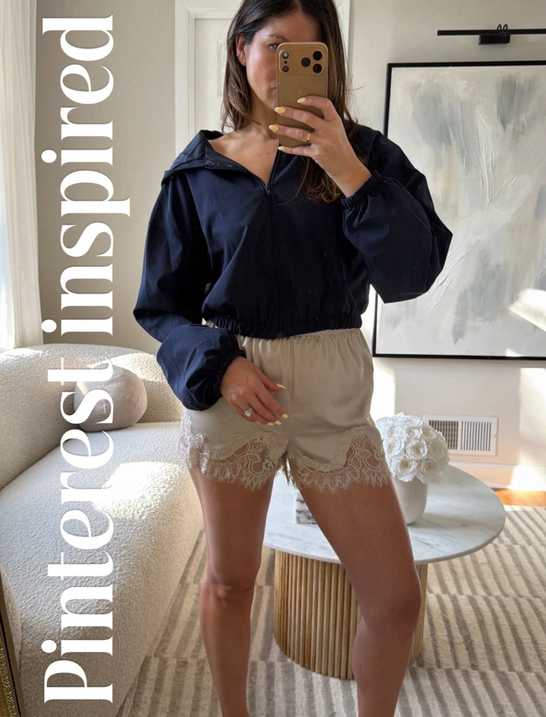 I love the track jacket trend with silk lay shorts. I linked some options below to get the look. Spring, summer, outfit idea. Navy blue windbreaker, lace, silk. ￼

#LTKootd