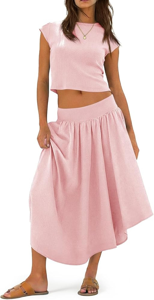 Tankaneo Womens 2 Piece Skirt Set Summer Casual Cap Sleeve Ribbed Crop Tops Midi Dress Vacation O... | Amazon (US)