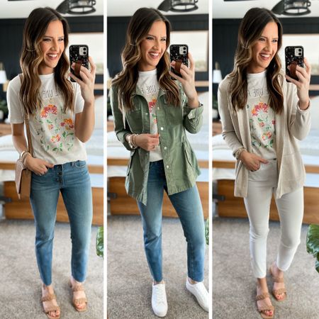 Spring Capsule Wardrobe 

Tee (small and code 15CLOTHEDIN for 15% off) 
Light wash jeans (2 long) 
White jeans (2 regular) 
Green jacket (small) 
Cardigan (small) 
All shoes are tts 

Code CLOTHEDINGRACEBLOG for 20% off my bag 

#LTKunder50 #LTKstyletip #LTKFind