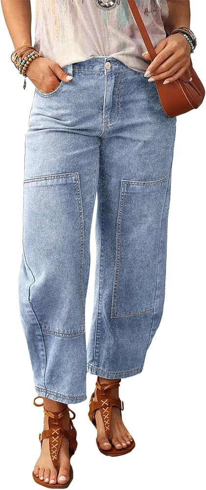 SHEWIN Women's Washed High Rise Barrel Jeans Elastic Waist Cropped Tapered Balloon Denim Ankle Pa... | Amazon (US)