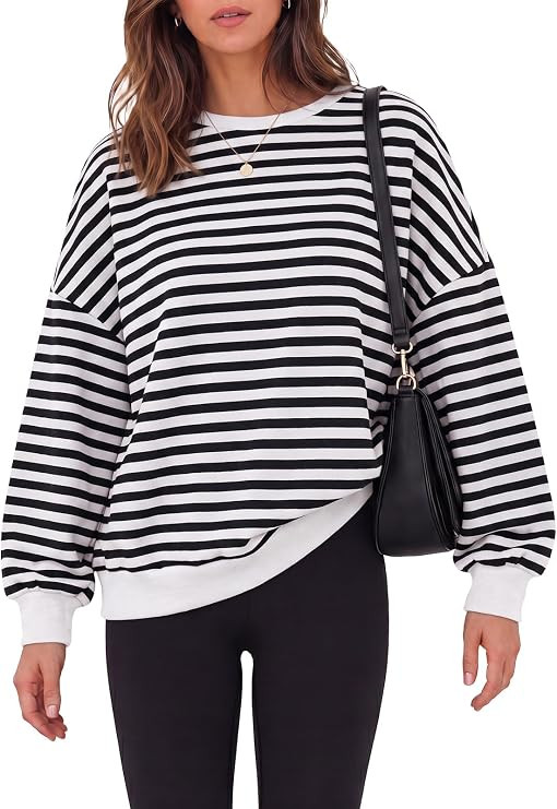 Fisoew Womens Oversized Striped Sweatshirts Casual Open Back Pullover Tops | Long Sleeve, Crewnec... | Amazon (US)