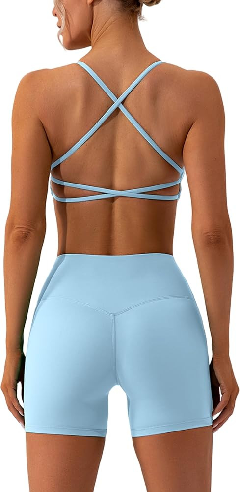 ABOCIW Workout Sets for Women 2 Piece Twist Front Halter Sports Bras High Waist Biker Shorts Exer... | Amazon (US)