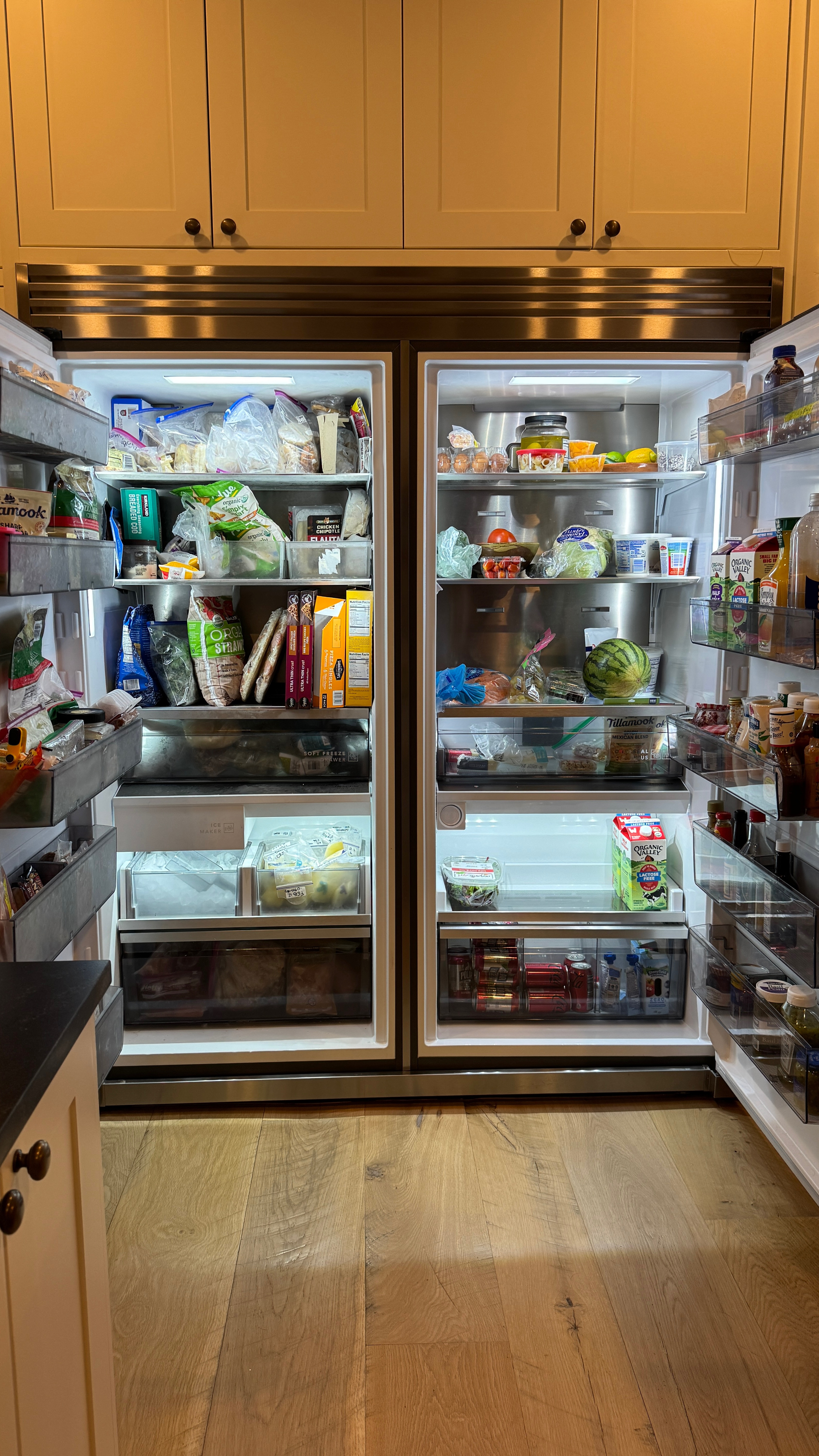 Inside our double wide fridge and freezer in our kitchen! I’ve gotten so many requests to see inside this thing! This is literally my favorite thing in our kitchen and my favorite appliance in the whole house.  

Kitchen design, kitchen decor, appliances, fridge, freezer, xl fridge, designer dupe fridge, refrigerator 

#LTKHome