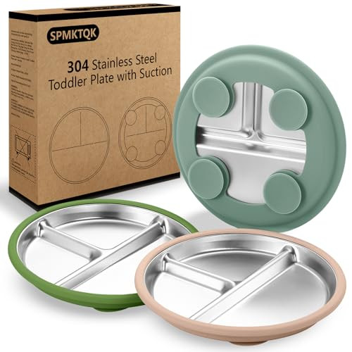 SPMKTQK 3 Pack Stainless Steel Kids Plates with Suction, 8.1” Divided Toddler & Baby Plates, Non Slip Metal Plates for Kids, Removable Silicone Sleeves, Dishwasher Safe for Baby Led Weaning | Amazon (US)