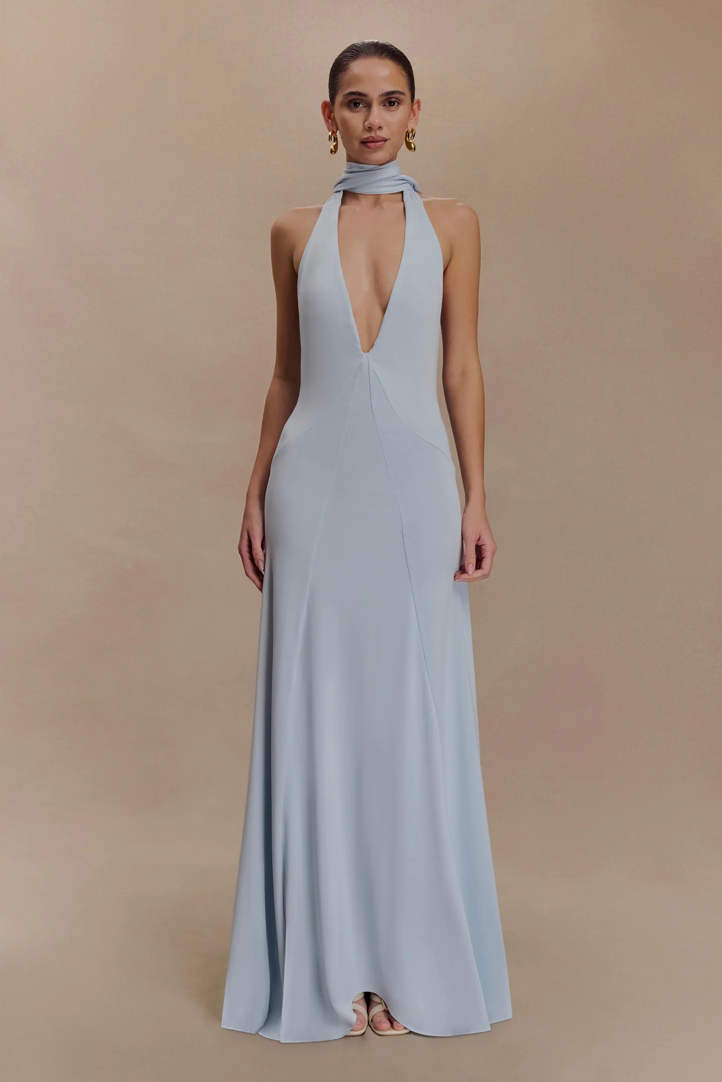 Slinky Maxi Dress With Scarf - Pale Blue | MESHKI US