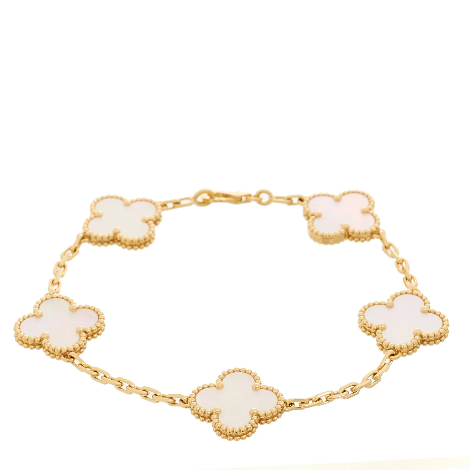 18K Yellow Gold Mother of Pearl 5 Motifs Vintage Alhambra Bracelet | FASHIONPHILE (US)