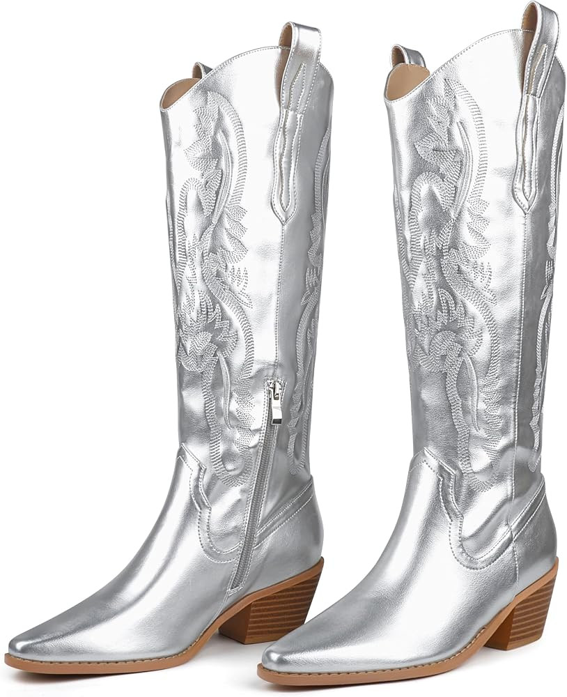 COLETER Cowboy Boots for Women, Knee High Embroidered Boots Almond Toe Chunky Heel Zipper Cowgirl... | Amazon (US)